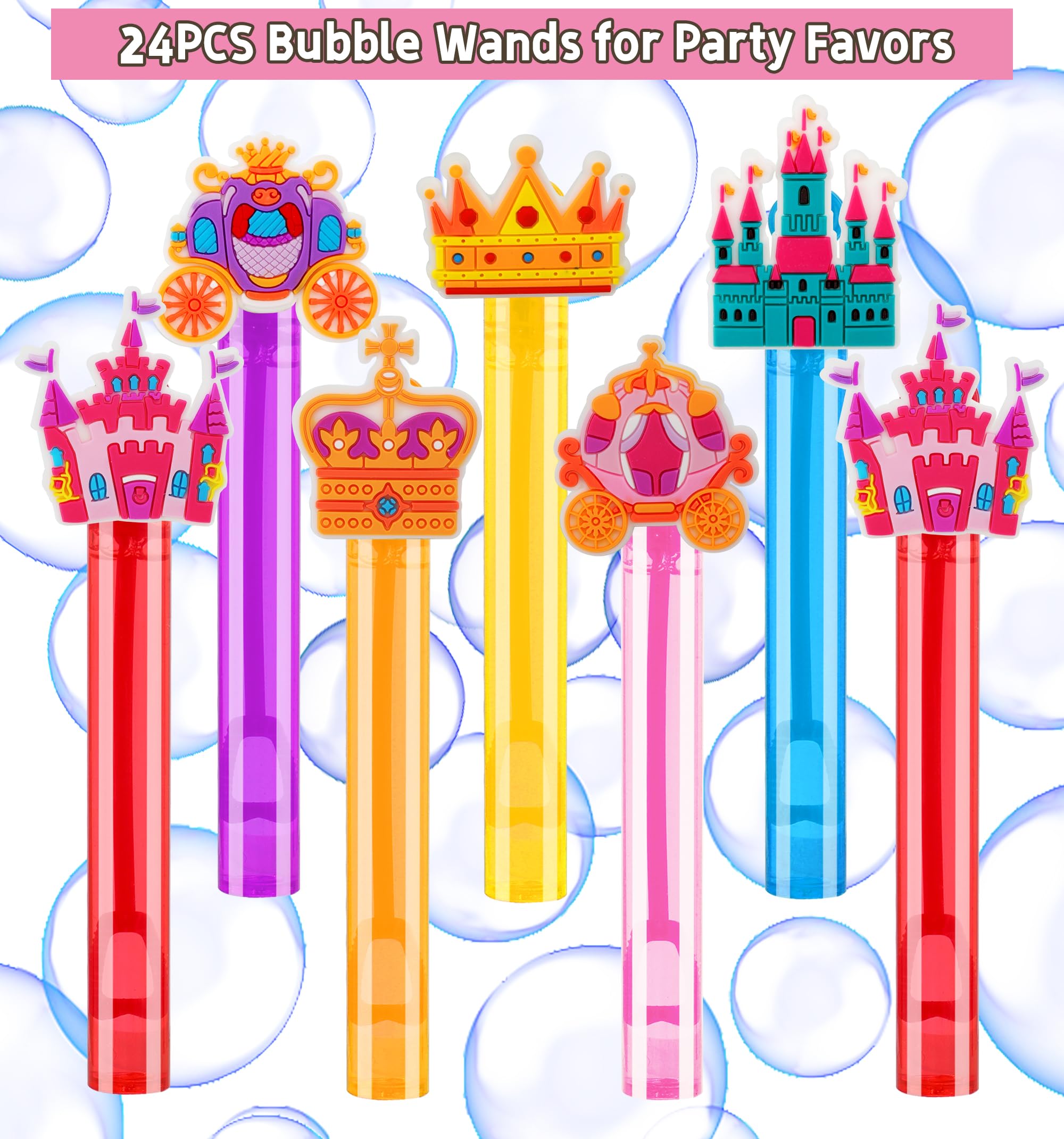24 Princess Bubble Wands for Party Favors – Bulk Set of 24 Wands in 6 Colors