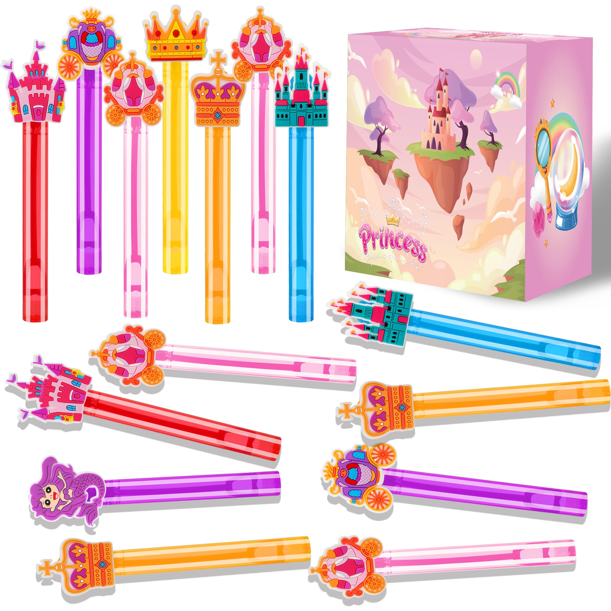 24 Princess Bubble Wands for Party Favors – Bulk Set of 24 Wands in 6 Colors
