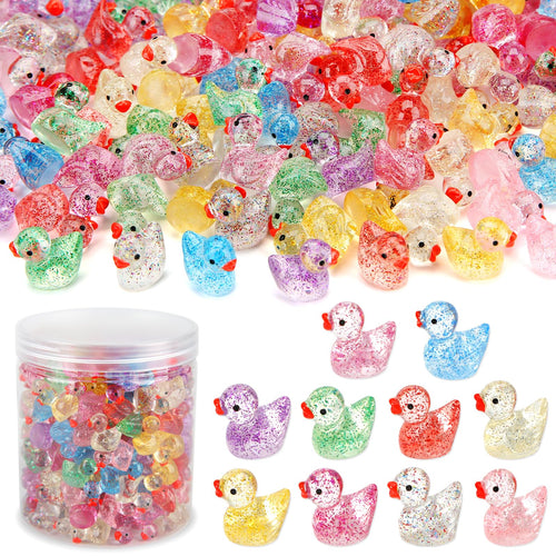 240 Glitter Mini Resin Ducks – Colorful Tiny Plastic Figures for Hiding, Crafts, and Miniature Scenes