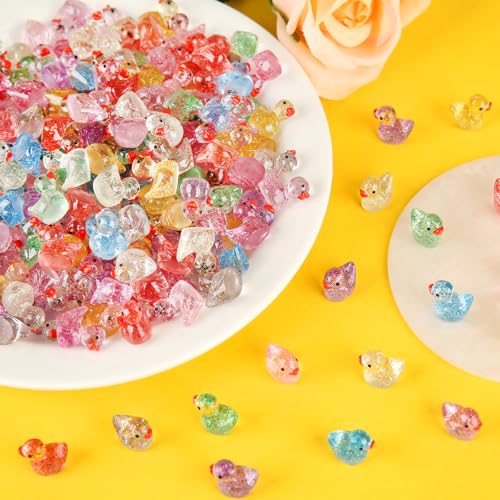 240 Glitter Mini Resin Ducks – Colorful Tiny Plastic Figures for Hiding, Crafts, and Miniature Scenes