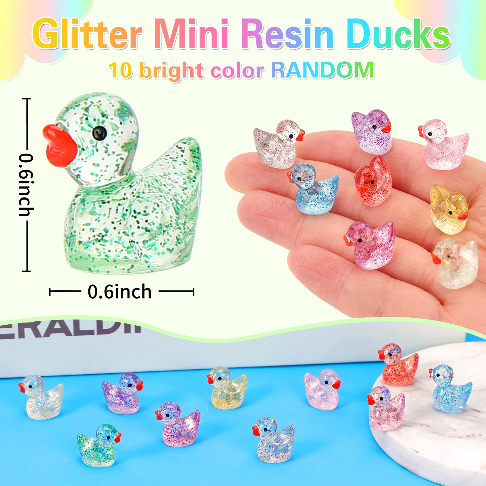 240 Glitter Mini Resin Ducks – Colorful Tiny Plastic Figures for Hiding, Crafts, and Miniature Scenes