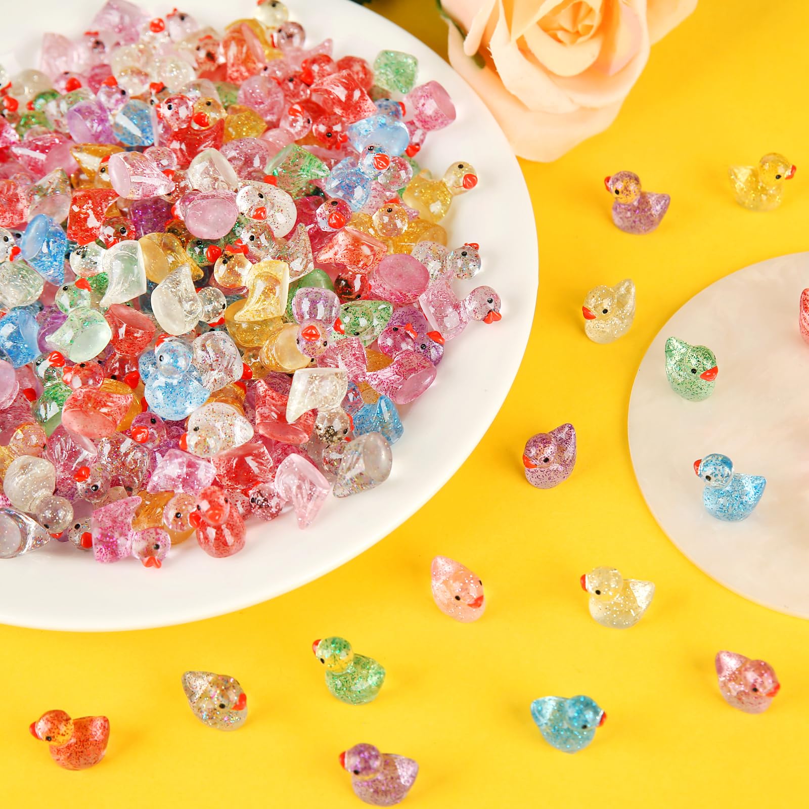 240 Glitter Mini Resin Ducks – Colorful Tiny Plastic Figures for Hiding, Crafts, and Miniature Scenes