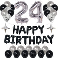 24th Birthday Decorations Kit Black Silver - Happy 24 Banner, Foil Numbers, Balloons Set