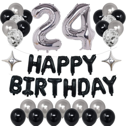 24th Birthday Decorations Kit Black Silver - Happy 24 Banner, Foil Numbers, Balloons Set