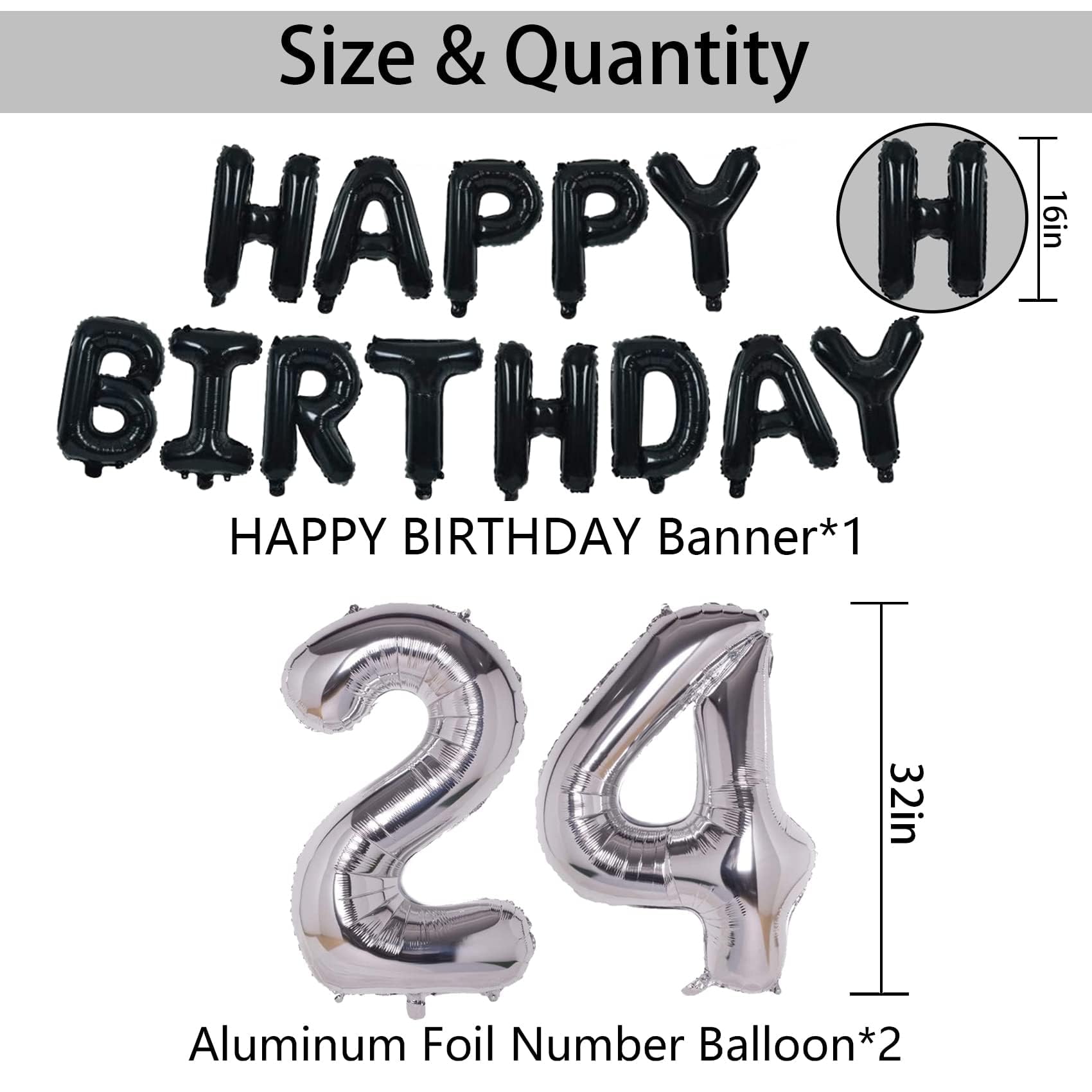 24th Birthday Decorations Kit Black Silver - Happy 24 Banner, Foil Numbers, Balloons Set