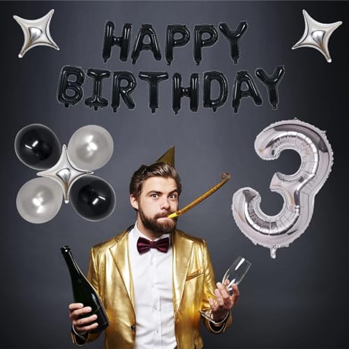 24th Birthday Decorations Kit Black Silver - Happy 24 Banner, Foil Numbers, Balloons Set