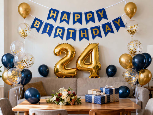24th Birthday Party Decorations Kit - Blue & Gold Banner, Foil Number 24, Confetti Balloons for Men or Women