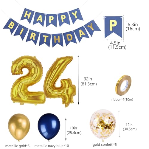 24th Birthday Party Decorations Kit - Blue & Gold Banner, Foil Number 24, Confetti Balloons for Men or Women