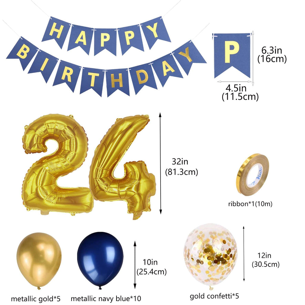 24th Birthday Party Decorations Kit - Blue & Gold Banner, Foil Number 24, Confetti Balloons for Men or Women