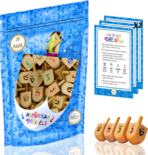 25-Pack Natural Wood Dreidels with English Transliteration and Instructions