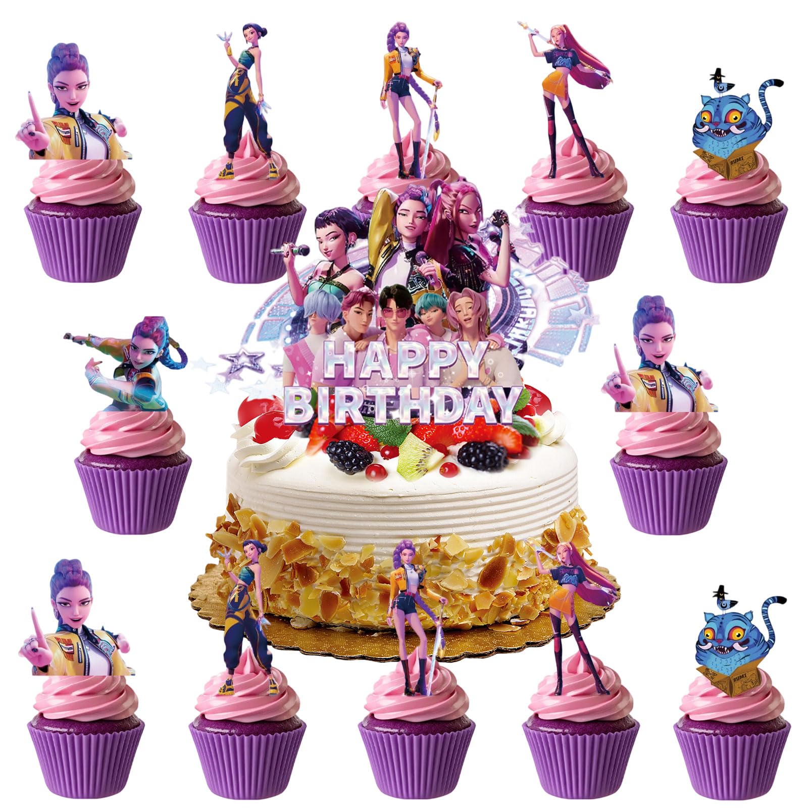 25-Piece Cartoon Cake Toppers Set – Happy Birthday Decoration with 24 Cupcake Picks