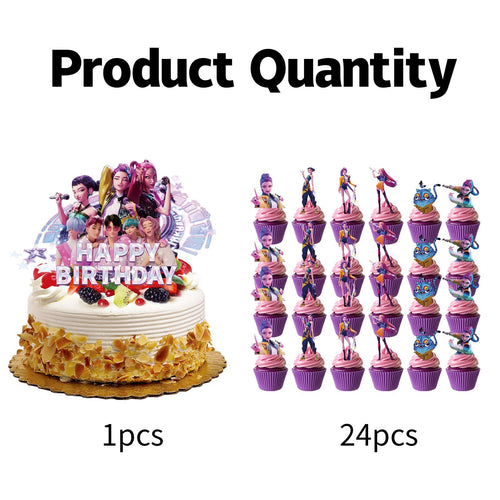 25-Piece Cartoon Cake Toppers Set – Happy Birthday Decoration with 24 Cupcake Picks