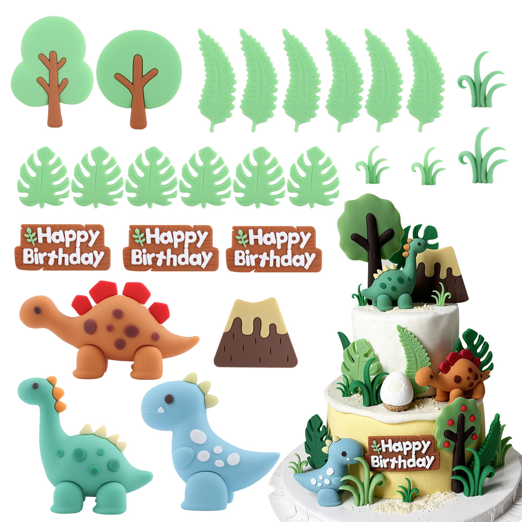 25-Piece Dinosaur Cake Topper Set with Trees, Leaves, and Volcano for Jungle Birthday Parties