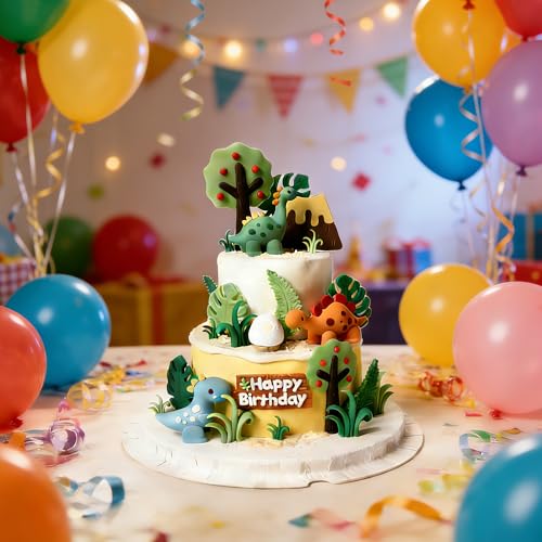 25-Piece Dinosaur Cake Topper Set with Trees, Leaves, and Volcano for Jungle Birthday Parties