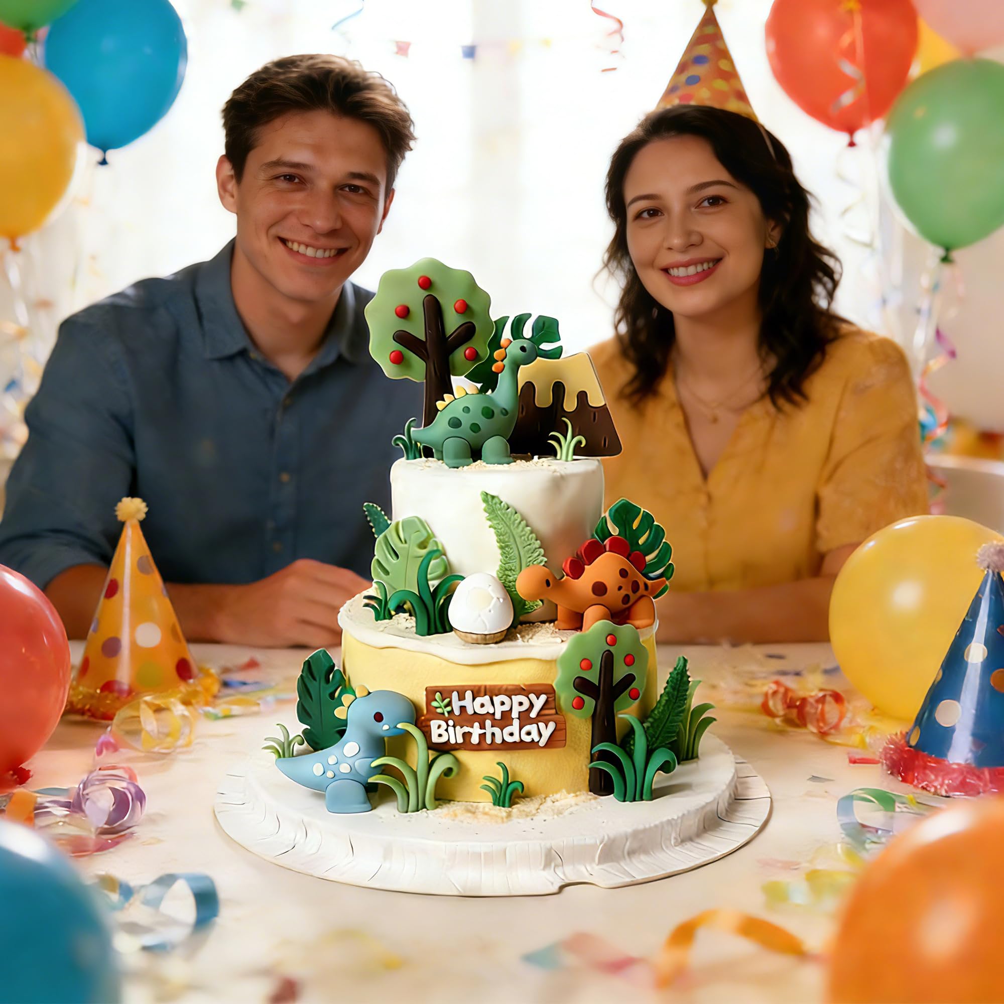 25-Piece Dinosaur Cake Topper Set with Trees, Leaves, and Volcano for Jungle Birthday Parties