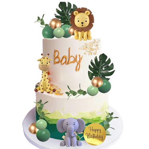 25-Piece Safari Animal Cake Toppers Set with Jungle Animals, Green Balls, and Palm Leaves for Wild Animal Themed Birthday Parties
