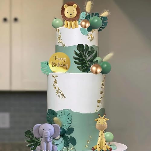 25-Piece Safari Animal Cake Toppers Set with Jungle Animals, Green Balls, and Palm Leaves for Wild Animal Themed Birthday Parties