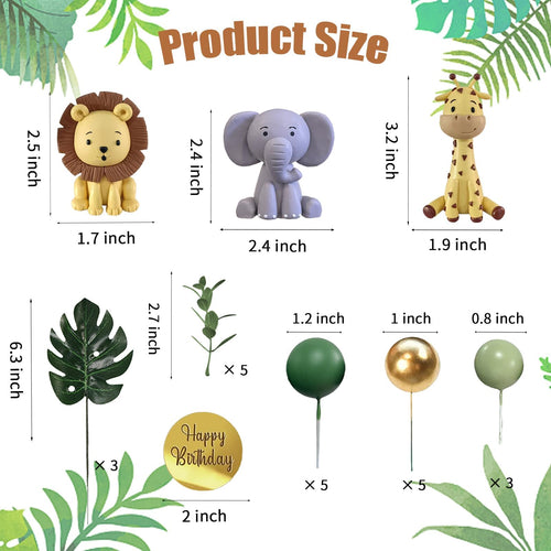 25-Piece Safari Animal Cake Toppers Set with Jungle Animals, Green Balls, and Palm Leaves for Wild Animal Themed Birthday Parties