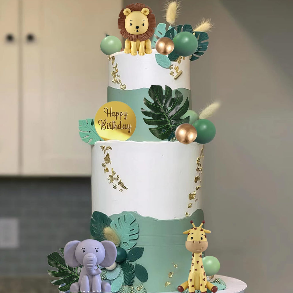 25-Piece Safari Animal Cake Toppers Set with Jungle Animals, Green Balls, and Palm Leaves for Wild Animal Themed Birthday Parties