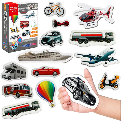 25 Transport Fridge Magnets for Toddlers - Educational Magnetic Vehicles for Kids