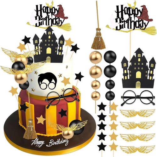 26-Piece Wizard Birthday Cake Topper Set with Castle, Stars, Glasses and Broom