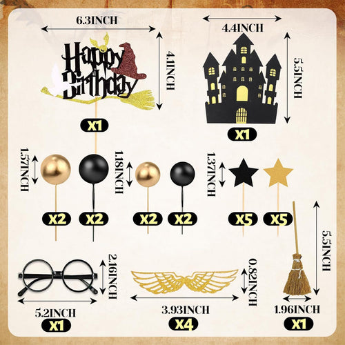 26-Piece Wizard Birthday Cake Topper Set with Castle, Stars, Glasses and Broom