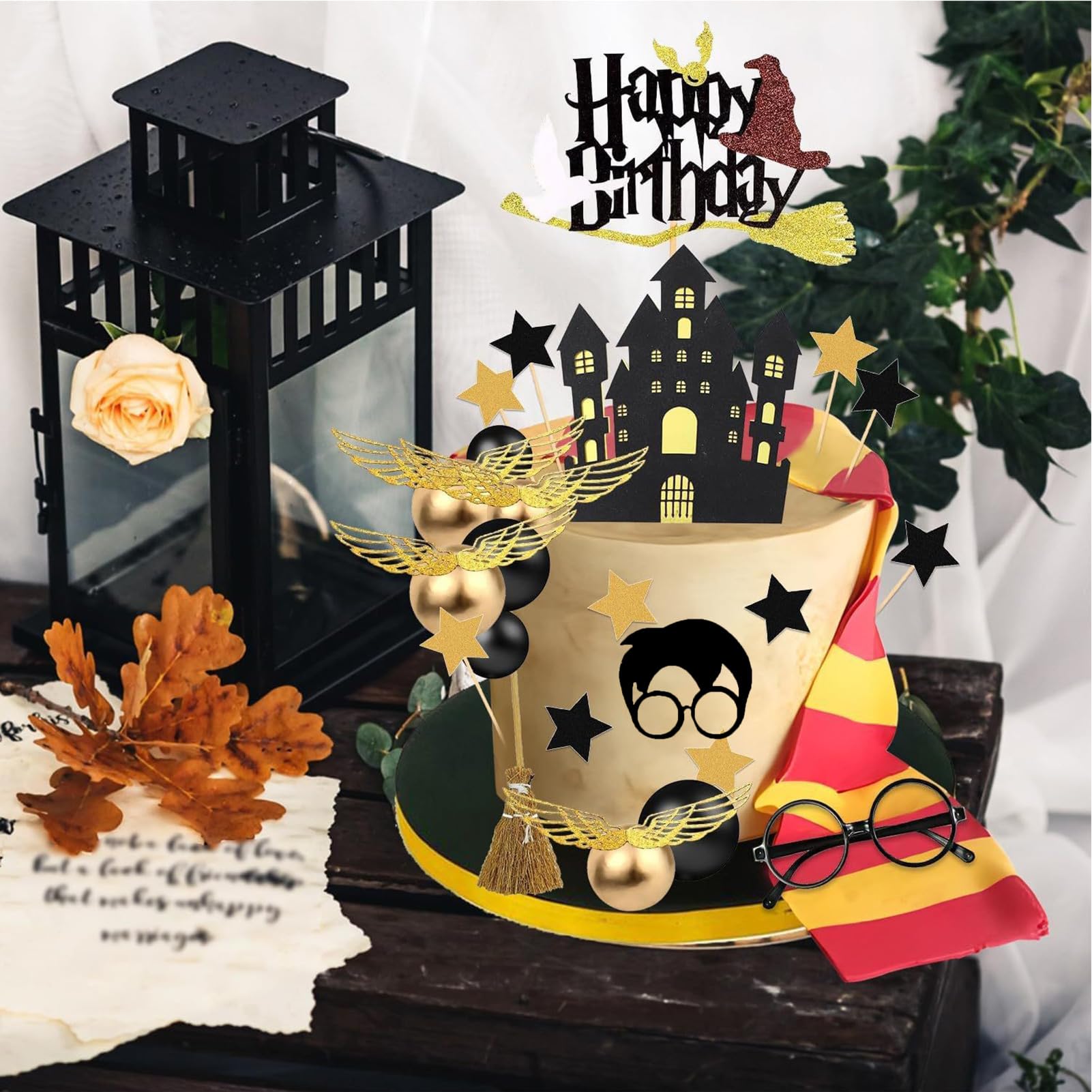 26-Piece Wizard Birthday Cake Topper Set with Castle, Stars, Glasses and Broom