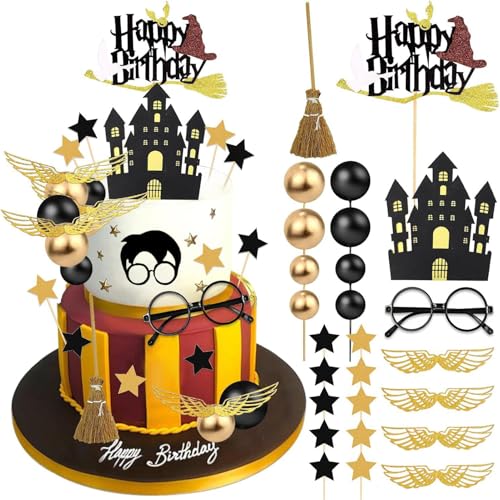 26-Piece Wizard Birthday Cake Topper Set with Castle, Stars, Glasses and Broom