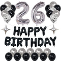 26th Birthday Decorations Kit – Black & Silver with Banner, Foil Stars, and Confetti Balloons