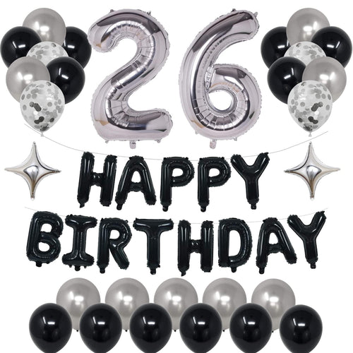 26th Birthday Decorations Kit – Black & Silver with Banner, Foil Stars, and Confetti Balloons