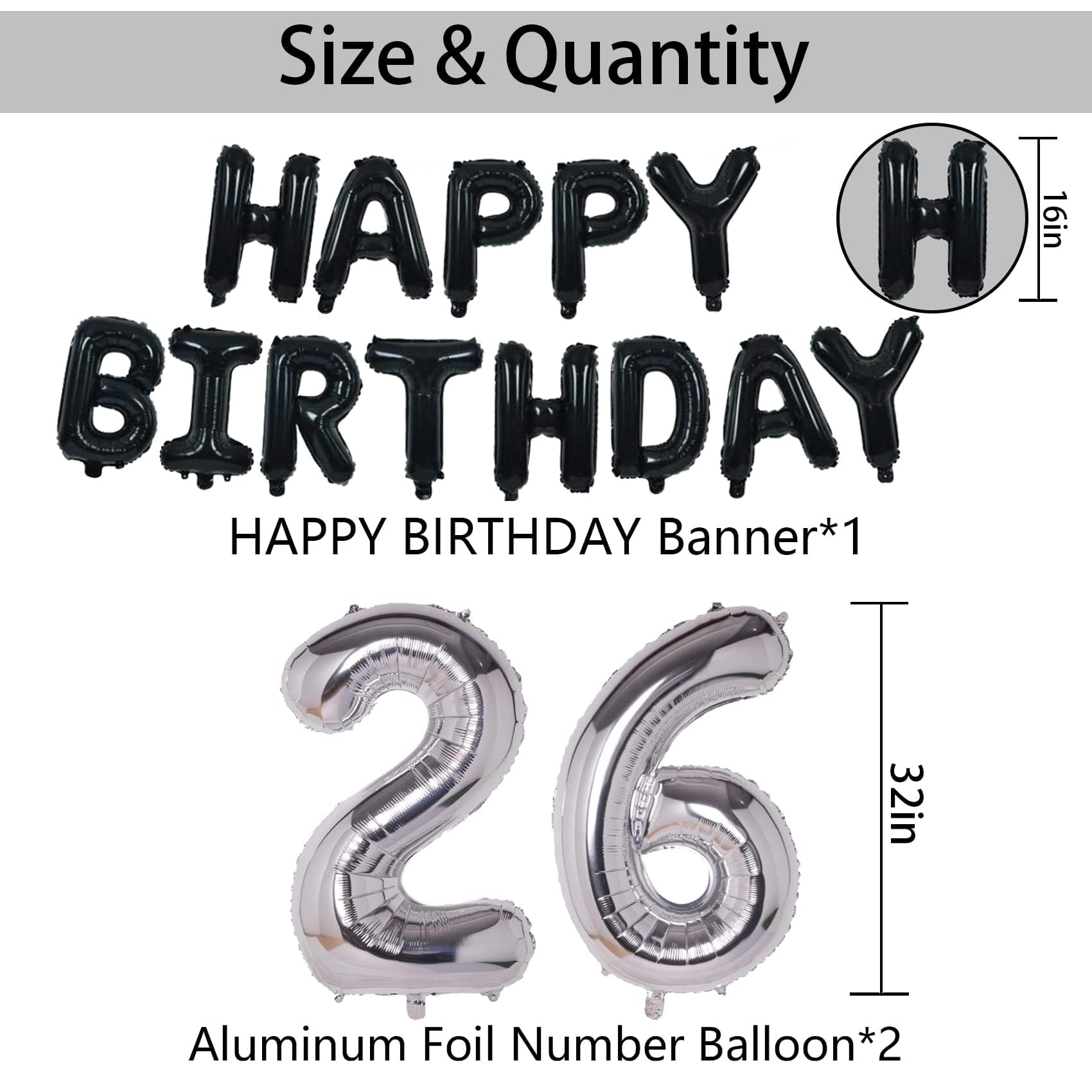 26th Birthday Decorations Kit – Black & Silver with Banner, Foil Stars, and Confetti Balloons