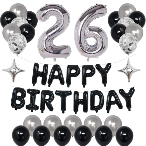 26th Birthday Decorations Kit – Black & Silver with Banner, Foil Stars, and Confetti Balloons