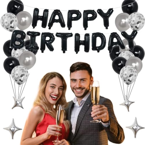 26th Birthday Decorations Kit – Black & Silver with Banner, Foil Stars, and Confetti Balloons