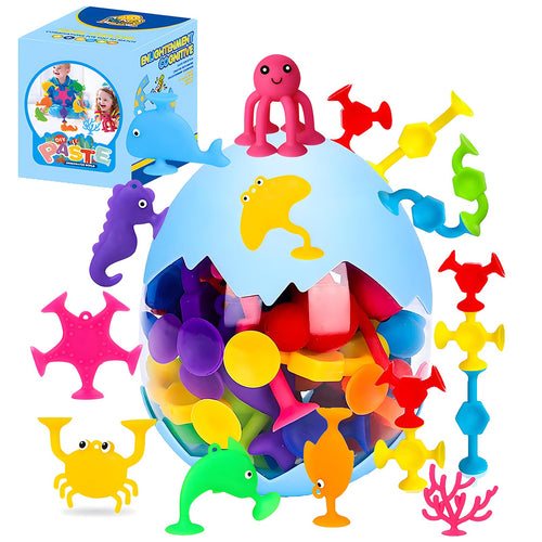 27-Piece Suction Cup Bath Toys – Sensory Silicone Shapes & Sea Animals for Kids Ages 3-8