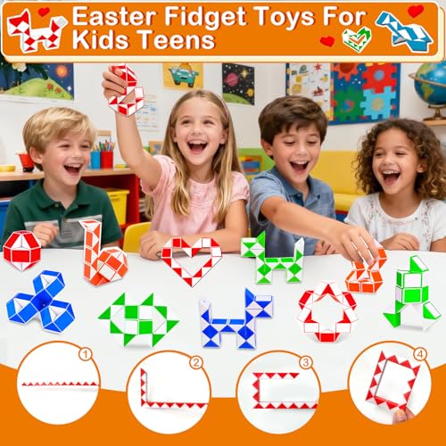 28 Pack Snake Twist Puzzle Toys for Easter Basket Stuffers, Fidget Toys for Teens Kids, BPA-Free Stress Relief Party Favors