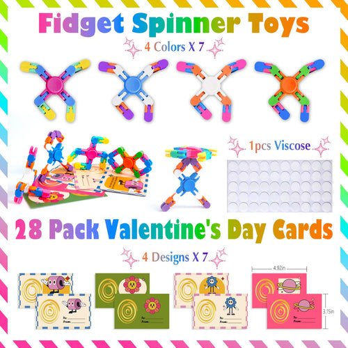 28 Pack Transformable Fidget Spinner Chains for Kids Valentine's Day Classroom Gifts with Cards
