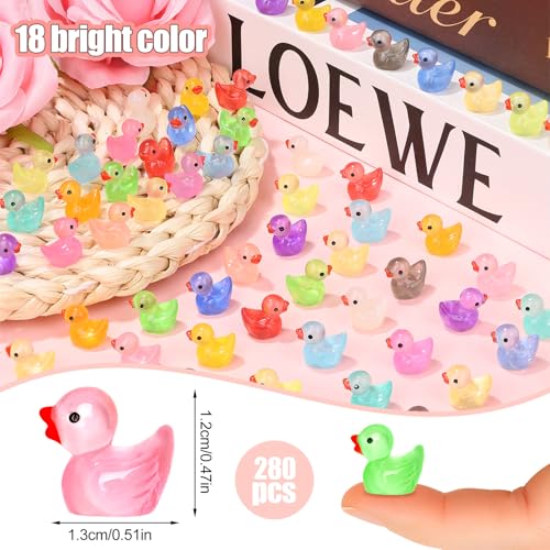 280 Glow-in-the-Dark Mini Resin Ducks - 18 Colors, 0.5 Inch Tiny Ducks for DIY Crafts and Party Favors