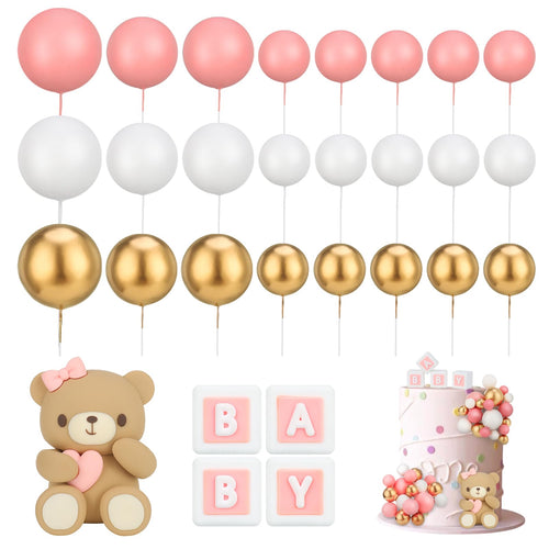 29-Piece Bear Cake Topper Set with BABY Letters and Foam Balls - Pink Gold White Baby Shower Cake Decorations