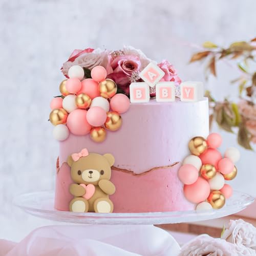 29-Piece Bear Cake Topper Set with BABY Letters and Foam Balls - Pink Gold White Baby Shower Cake Decorations