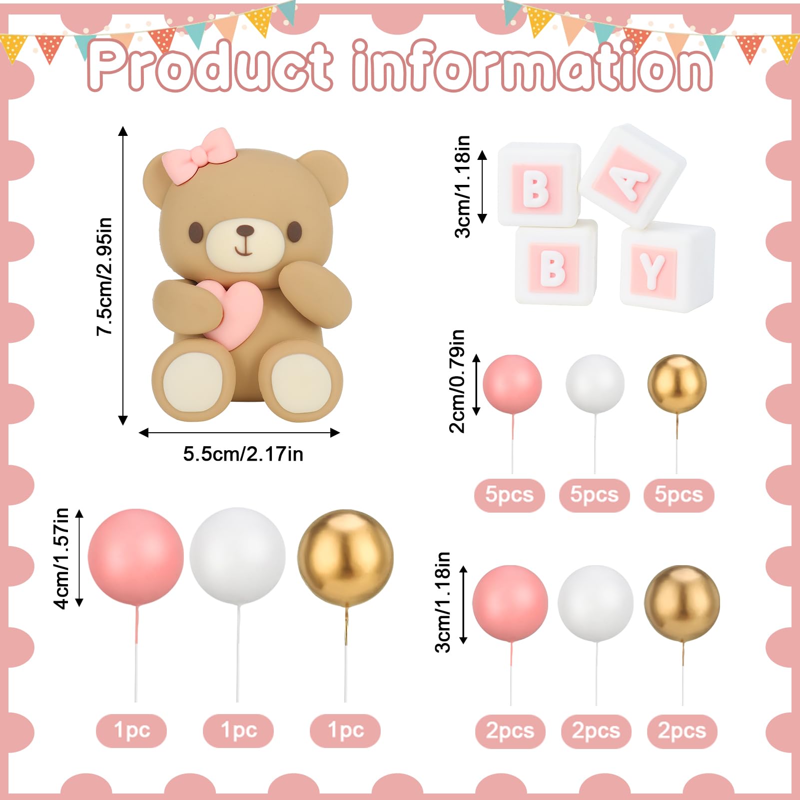 29-Piece Bear Cake Topper Set with BABY Letters and Foam Balls - Pink Gold White Baby Shower Cake Decorations