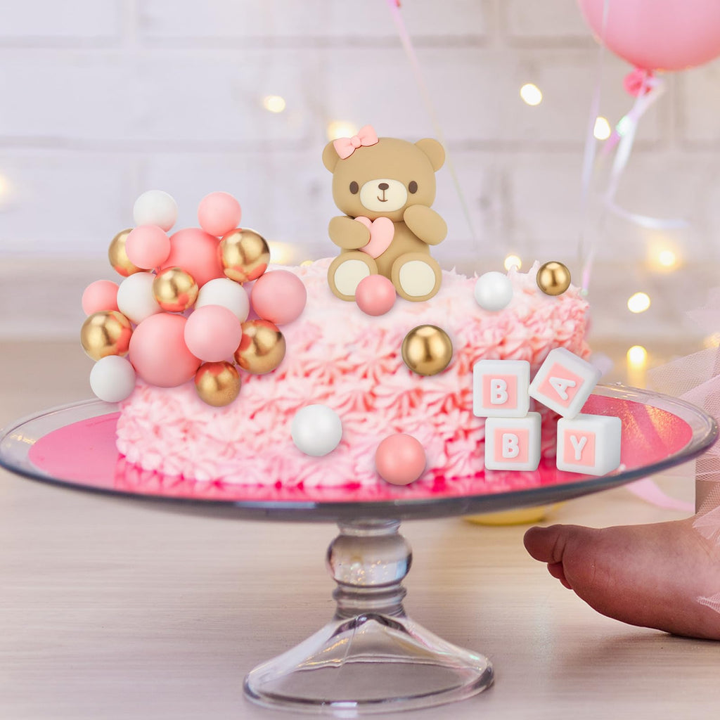 29-Piece Bear Cake Topper Set with BABY Letters and Foam Balls - Pink Gold White Baby Shower Cake Decorations