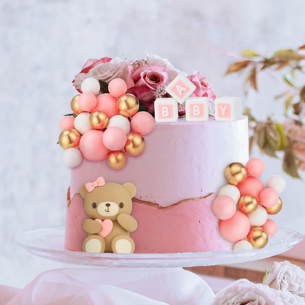 29-Piece Bear Cake Topper Set with BABY Letters and Foam Balls - Pink Gold White Baby Shower Cake Decorations