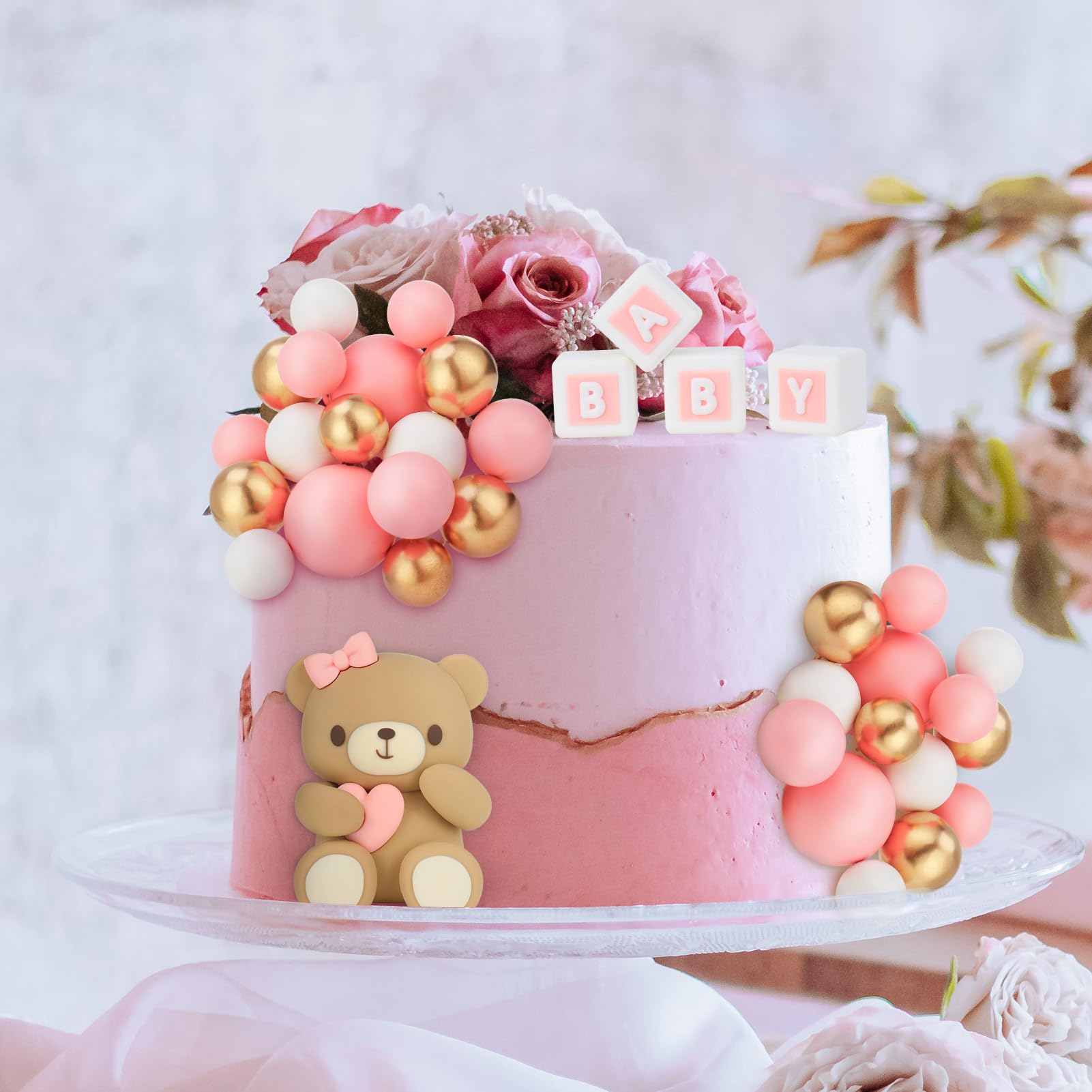 29-Piece Bear Cake Topper Set with BABY Letters and Foam Balls - Pink Gold White Baby Shower Cake Decorations