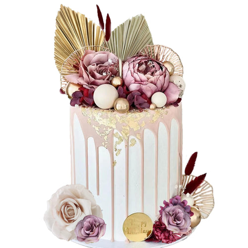 29-Piece Boho Cake Topper Set with Palm Leaves, Burgundy Red Flowers, and Balls for Bohemian Weddings, Baby Showers, Birthday Parties