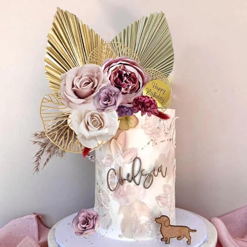 29-Piece Boho Cake Topper Set with Palm Leaves, Burgundy Red Flowers, and Balls for Bohemian Weddings, Baby Showers, Birthday Parties