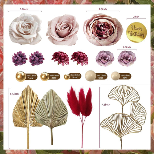 29-Piece Boho Cake Topper Set with Palm Leaves, Burgundy Red Flowers, and Balls for Bohemian Weddings, Baby Showers, Birthday Parties