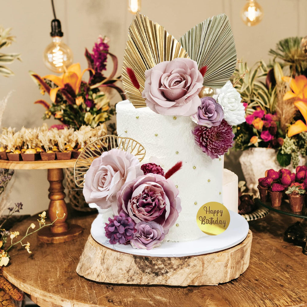 29-Piece Boho Cake Topper Set with Palm Leaves, Burgundy Red Flowers, and Balls for Bohemian Weddings, Baby Showers, Birthday Parties