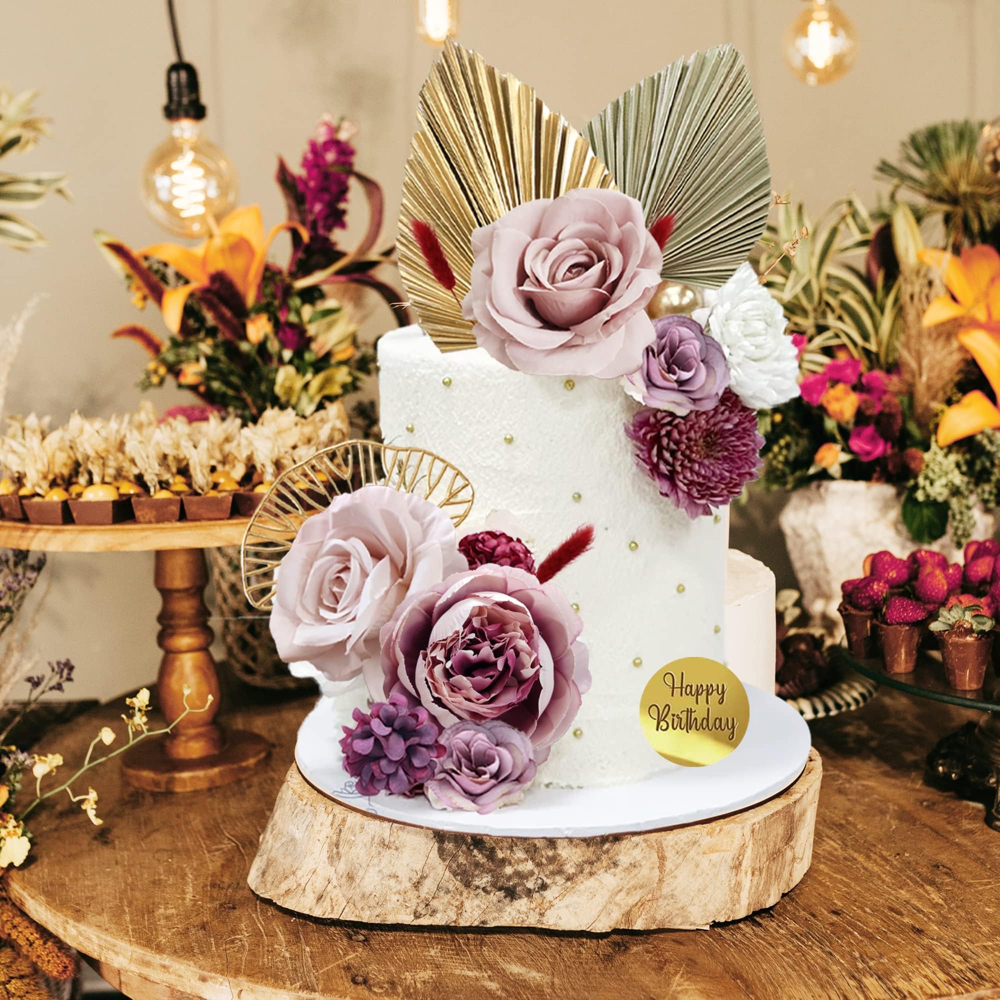 29-Piece Boho Cake Topper Set with Palm Leaves, Burgundy Red Flowers, and Balls for Bohemian Weddings, Baby Showers, Birthday Parties