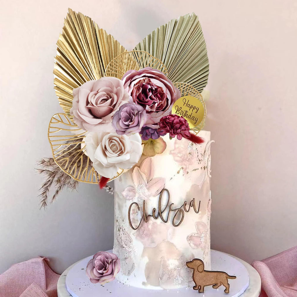 29-Piece Boho Cake Topper Set with Palm Leaves, Burgundy Red Flowers, and Balls for Bohemian Weddings, Baby Showers, Birthday Parties