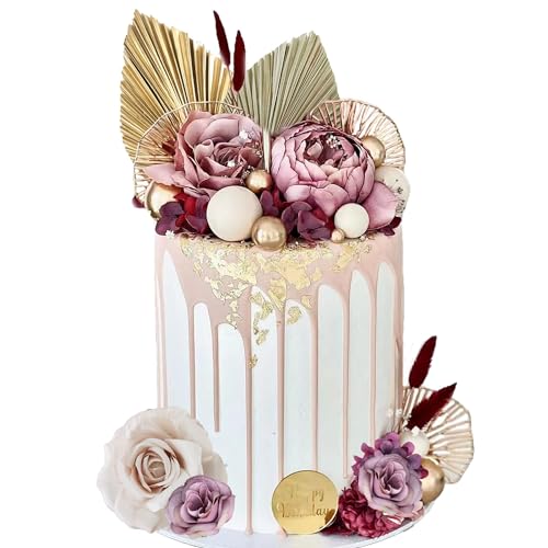 29-Piece Boho Cake Topper Set with Palm Leaves, Burgundy Red Flowers, and Balls for Bohemian Weddings, Baby Showers, Birthday Parties
